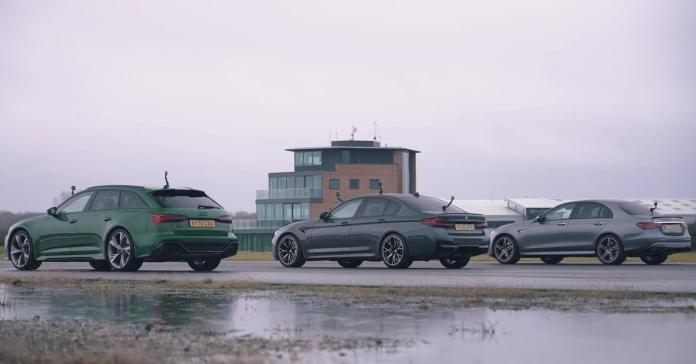 Audi RS6, BMW M5 и Mercedes-AMG E63 — дрэг под дождем