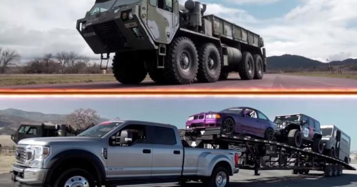 Видео: гонка восьмиколесного грузовика и пикапа с тремя автомобилями в прицепе