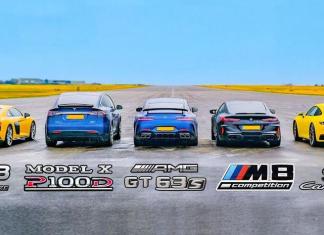 Дрэг-гонка: Audi R8, BMW M8, Mercedes-AMG GT 63, Porsche 911 против Tesla