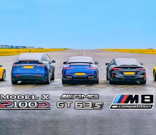 Дрэг-гонка: Audi R8, BMW M8, Mercedes-AMG GT 63, Porsche 911 против Tesla